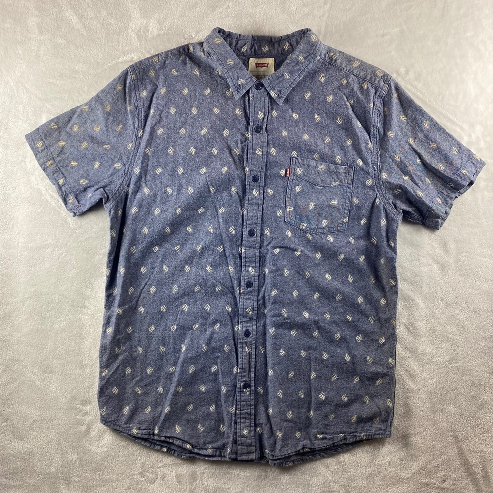 Levi's Mens Large Short Sleeve Button‎ Up Shirt Chambray Denim Leaf Skater